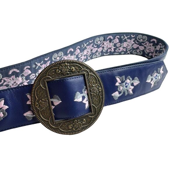 Leather Embroidered Reversible Belt 1X / 2X Adjustable Boho Festival Wide Unique - Picture 1 of 11